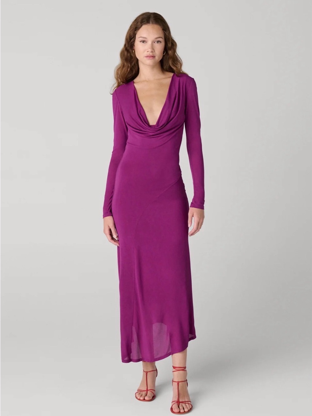 Diane Von Furstenberg Deep Magenta Long Sleeve Draped Neck Maxi Dress